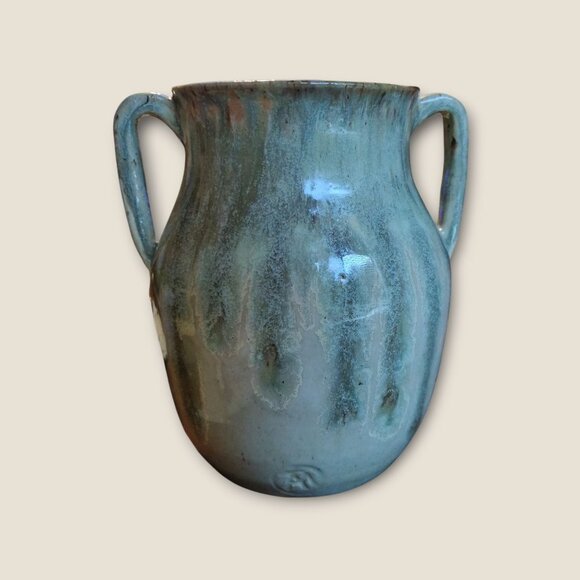 Handcrafted Two-Handled Pottery Vase 7.5"H X 8" Glazed Finish Unique Art Decor - Picture 8 of 9
